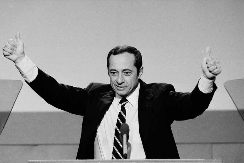 FILE - In this July 17, 1984, file photo, New York Gov. Mario Cuomo gives thumbs up gesture...