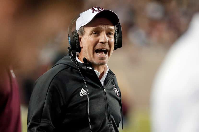 FILE - In this Nov. 17, 2018, file photo, Texas A&M coach Jimbo Fisher shouts during a...