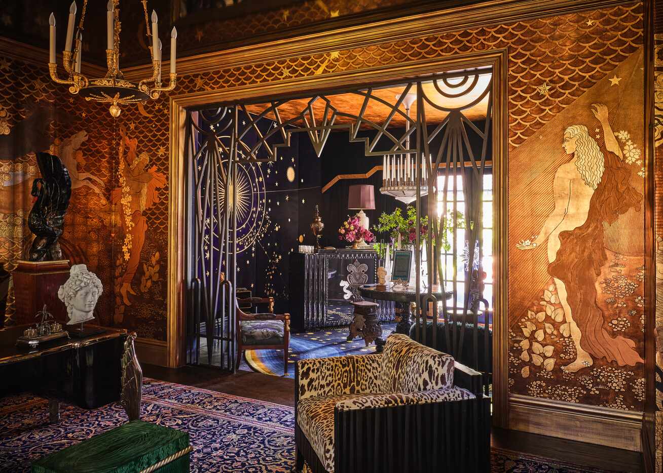 A downstairs study and lounge at the 2021 Kips Bay Decorator Show House Dallas was designed...