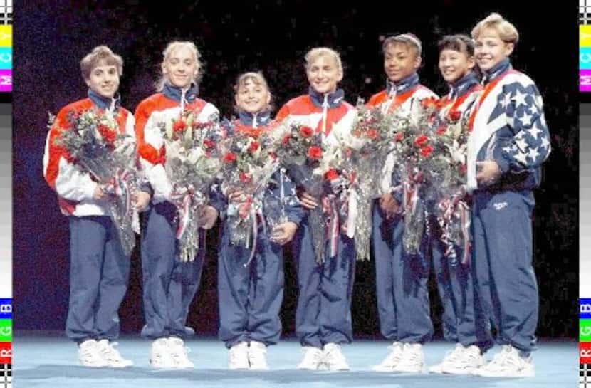 The 1996 U.S. Women's Gymnastics Olympic Team, with Dominique Moceanu third from left.