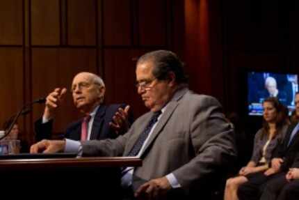  Supreme Court Justices Antonin Scalia, right, and Stephen Breyer testify before the Senate...