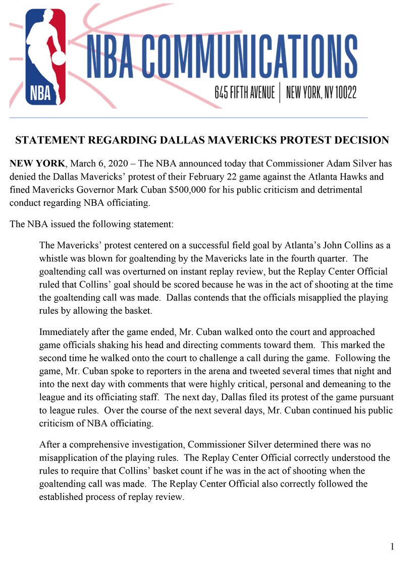 NBA statement regarding Mavs protest.