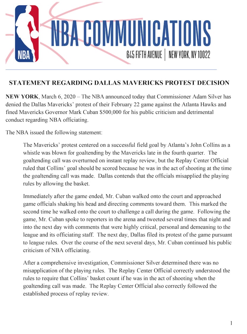 NBA statement regarding Mavs protest.