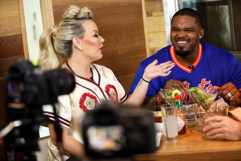 Prince Fielder laughs with wife Chanel Fielder during filming of his show "Fielder's Choice"...