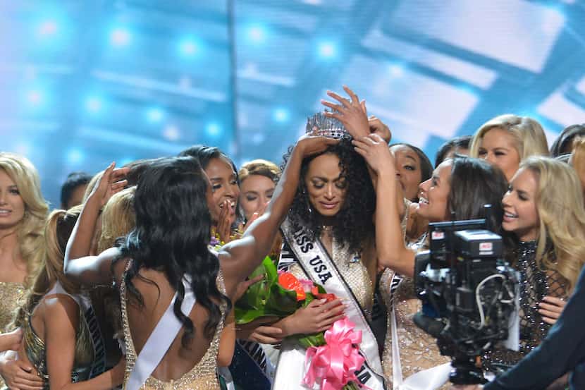 Miss USA 2017 Kara McCullough celebrates on stage with her other contestants during the 2017...