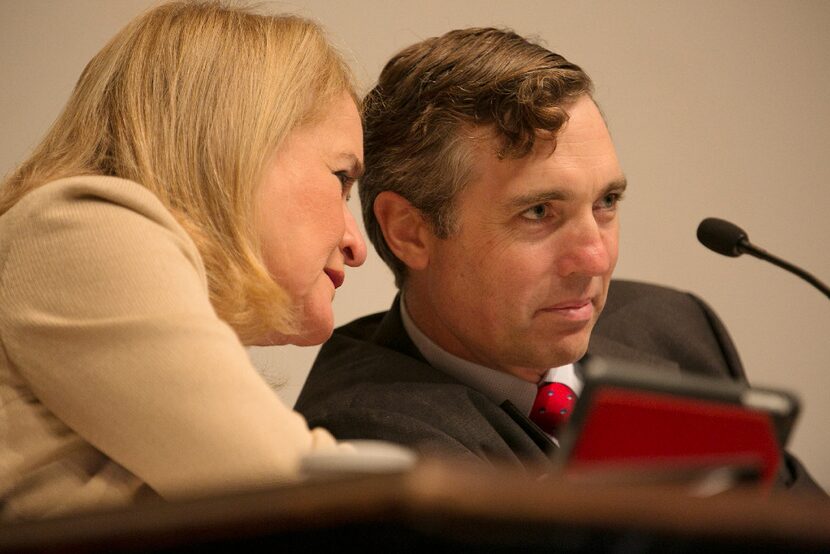 Democratic Sen. Sylvia Garcia, left, speaks with Van Taylor at the Senate Select Committee...