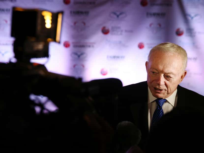 Dallas Cowboys owner Jerry Jones speaks to the media while on the red carpet before the...