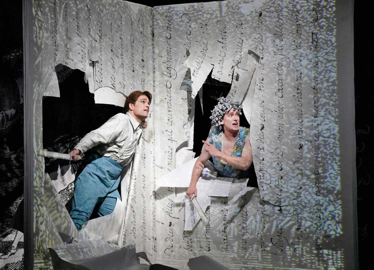 Chantal Thomas' scenery for Candide seems to represent giant sheaves of paper, flat or...