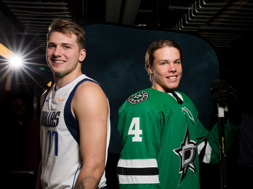 FILE - Maverick guard/forward Luka Doncic and Stars defenseman Miro Heiskanen pose for a...