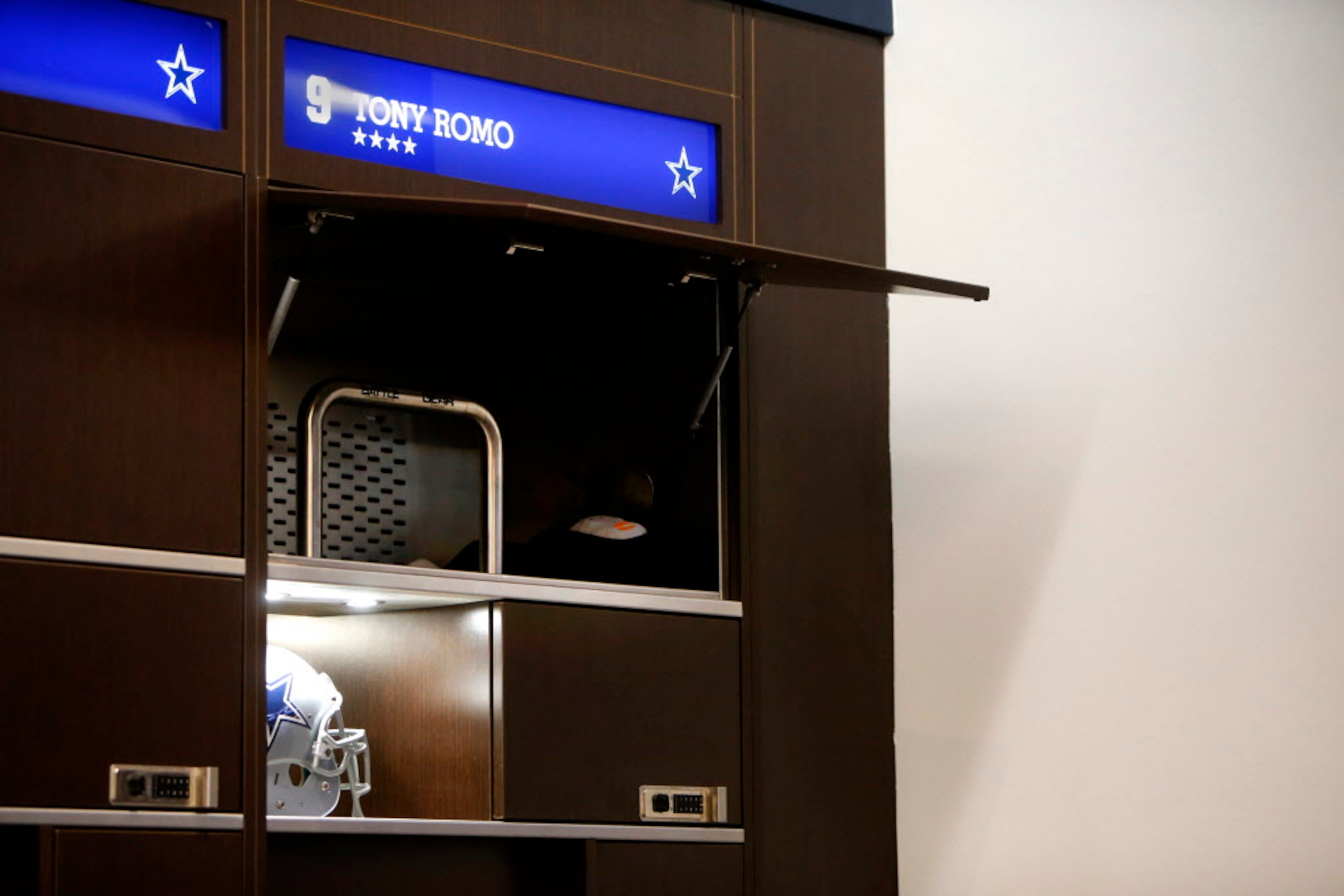 Dallas Cowboys quarterback Tony Romo's locker during locker room clean out at The Star in...