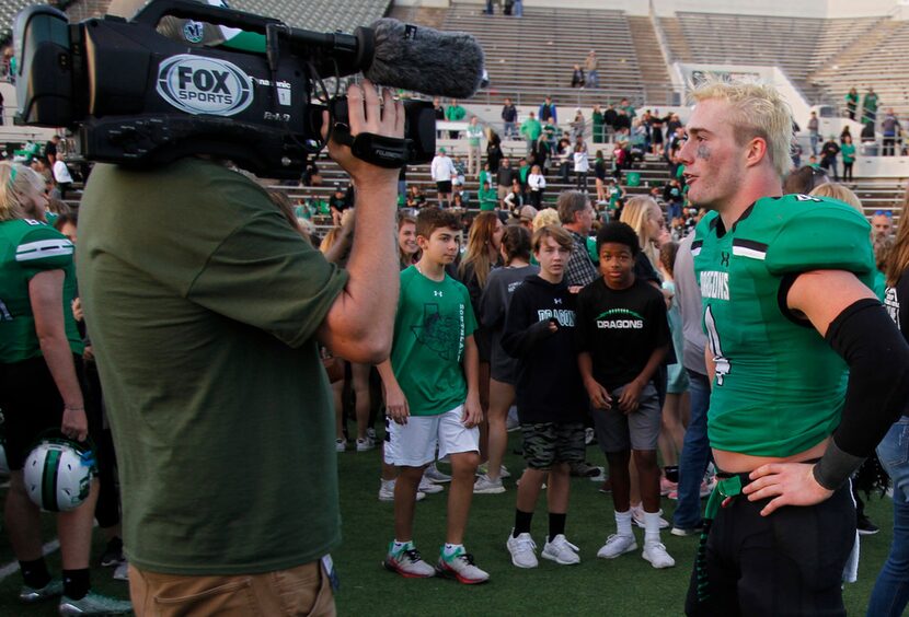 Southlake Carroll running back TJ mcDaniel (4) is interviewed following his 5-touchdown...