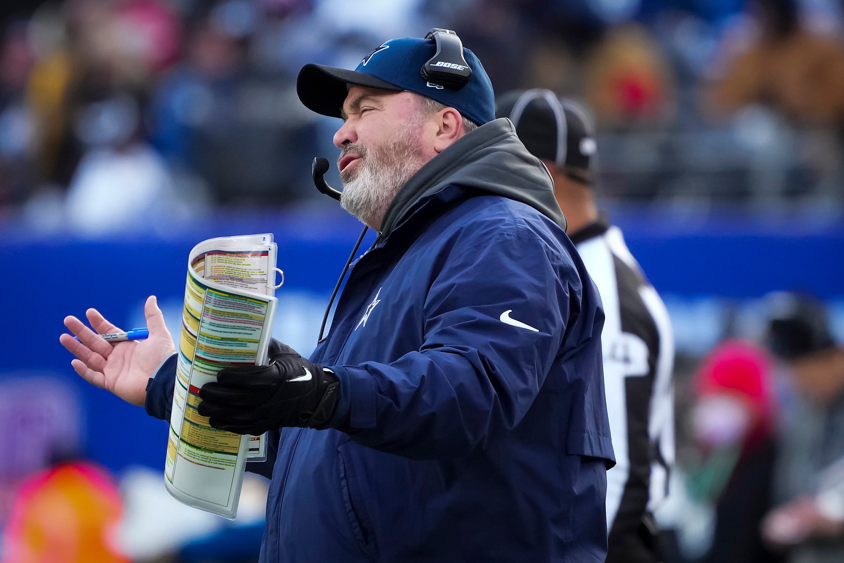 Dallas Cowboys head coach Mike McCarthy reacts to a call during the first half of an NFL...