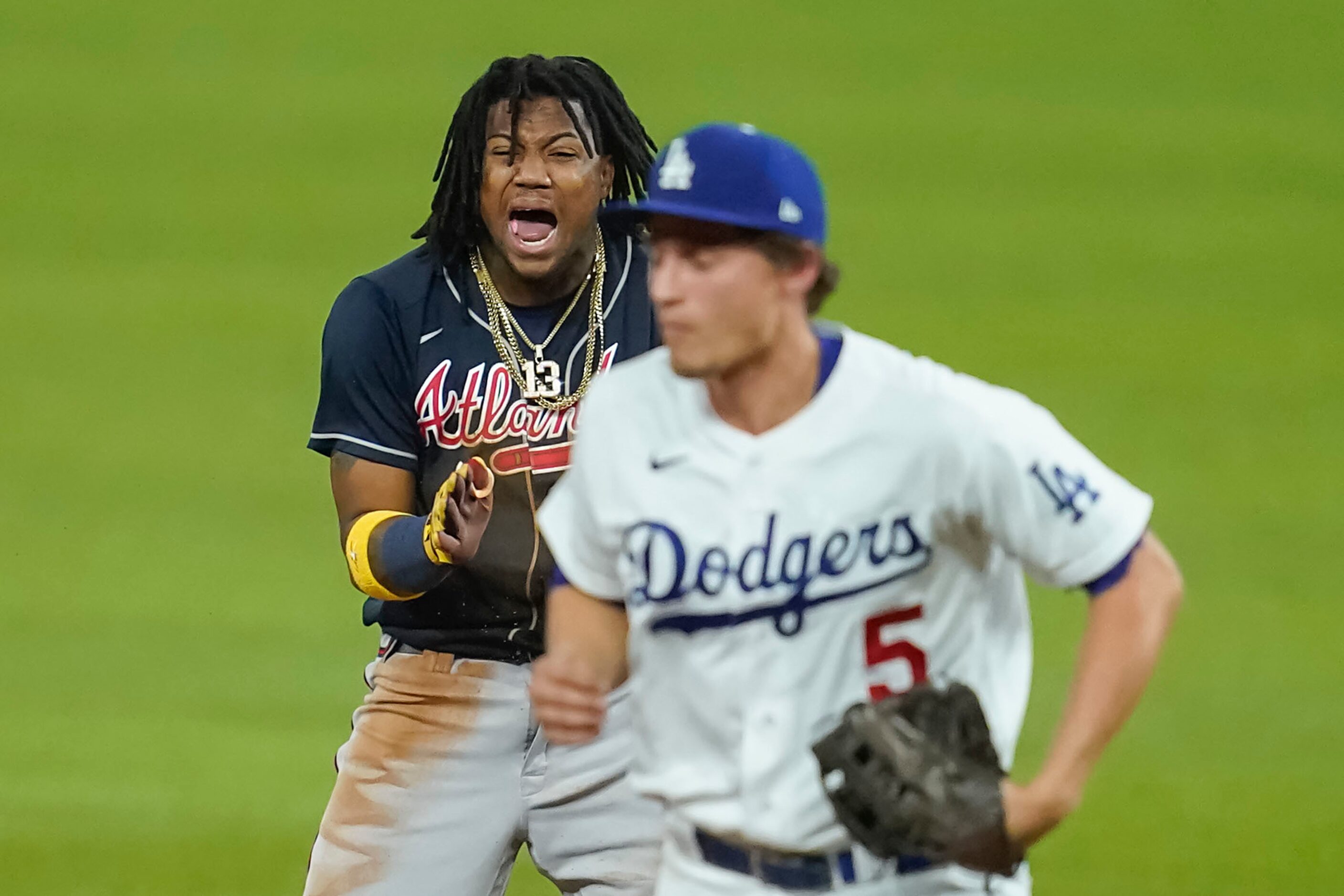 Atlanta Braves right fielder Ronald Acuna Jr. (13) after stealing second base past Los...