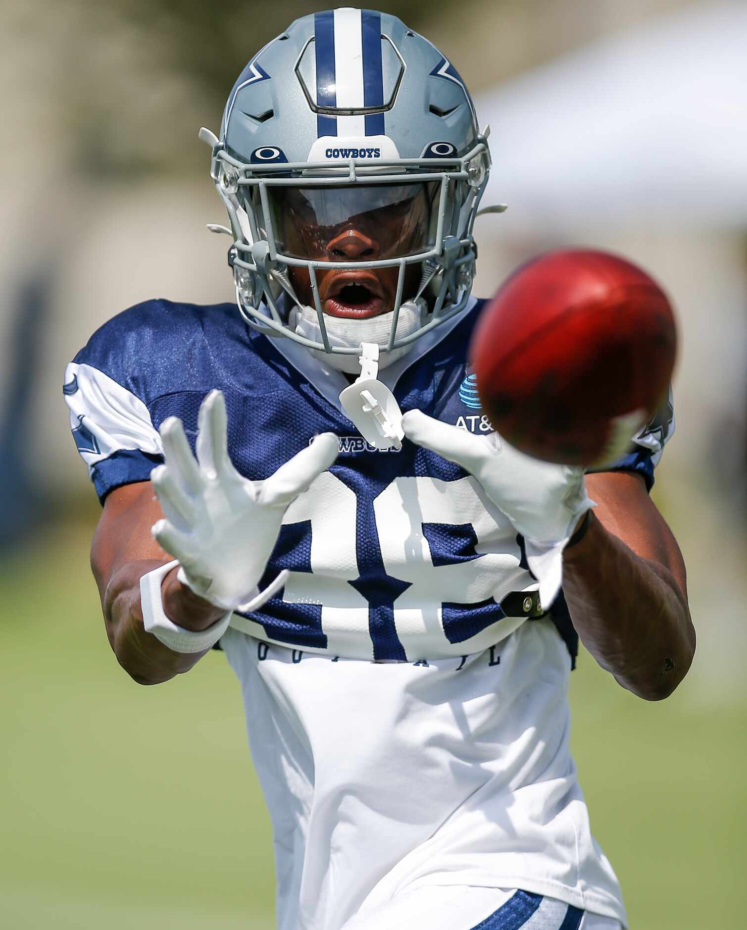 Dallas Cowboys cornerback Israel Mukuamu (38) catches a pass during practice at The Star in...