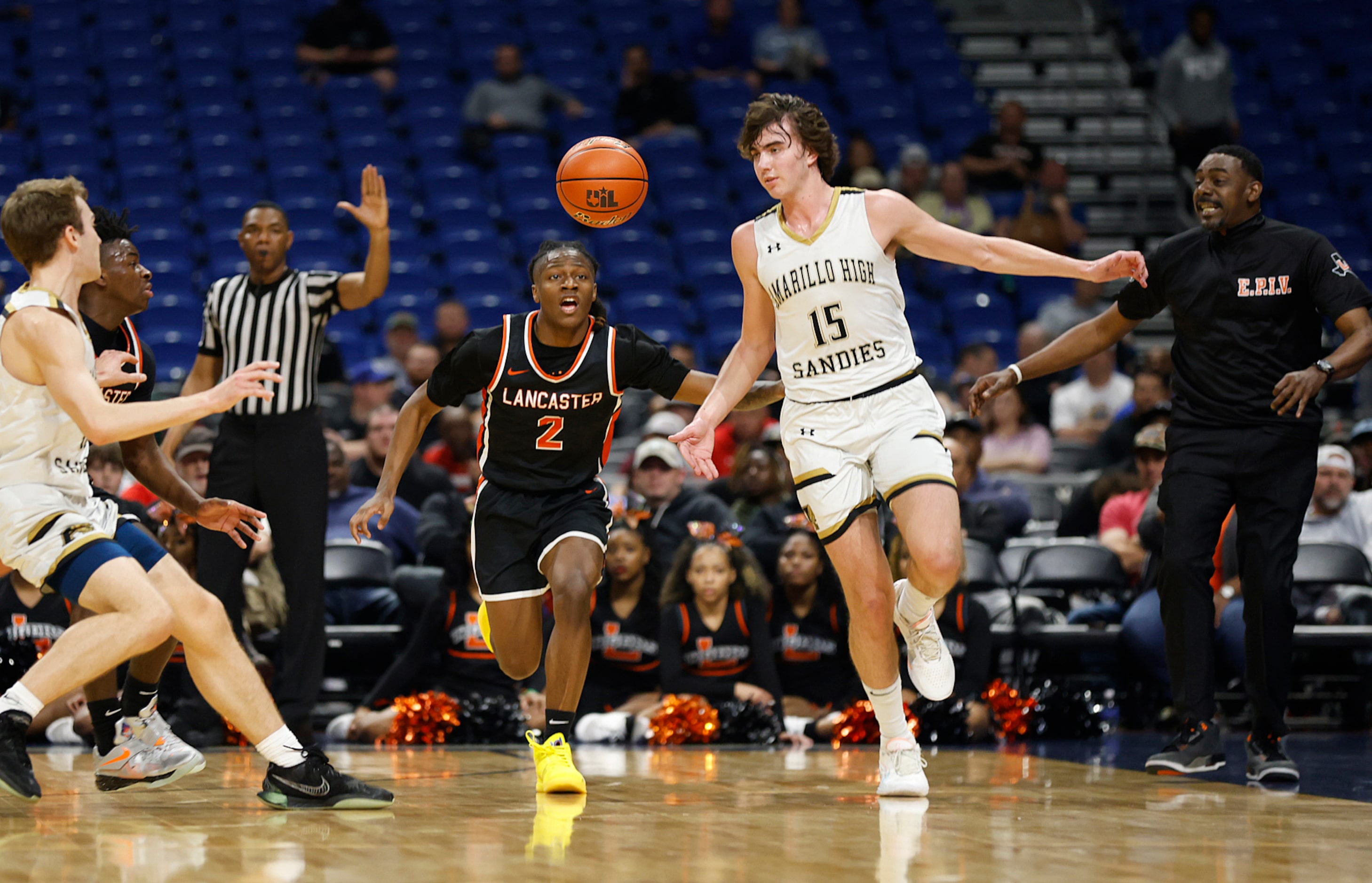 Lancaster's Kardae Turner (2) prepares to make a steal on Amarillo's Braden Hausen (15) in...