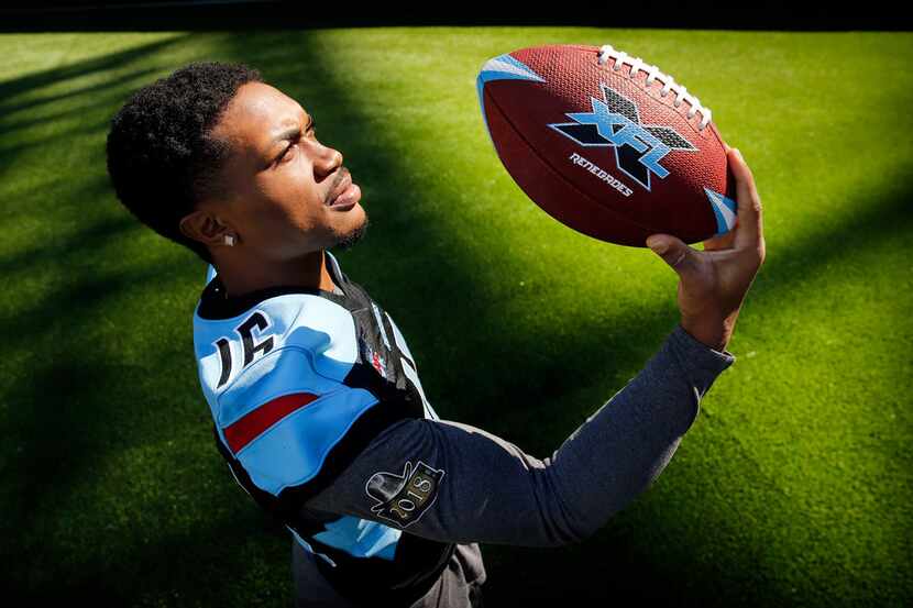 Dallas Renegades wide receiver Jerrod Heard poses for a photo at Globe Life Park in...