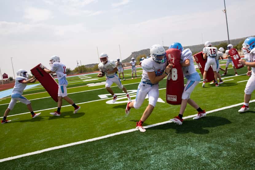 Players on the Borden County High School football team practice on Aug. 17, 2020 in Gail.