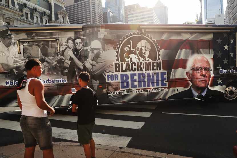A bus bearing a message supporting Bernie Sanders rolled through downtown Philadelphia...