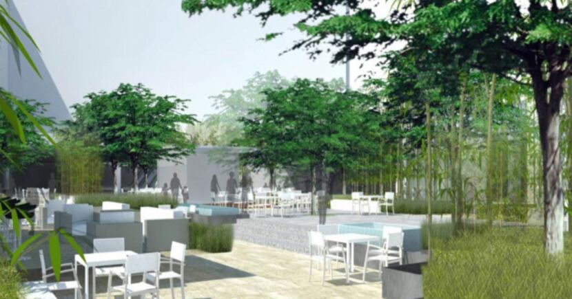 The new Plaza of the Americas atrium will beckon to the lunch crowd with greenery and water...