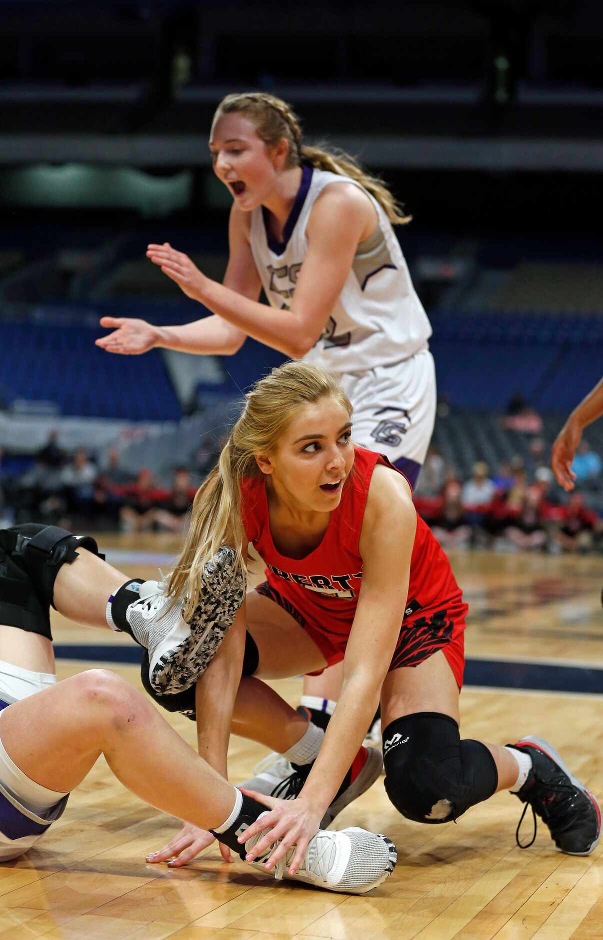 Frisco Liberty guard Lily Ziemkiewicz #3 reacts after being called for a turnover in a 5A...