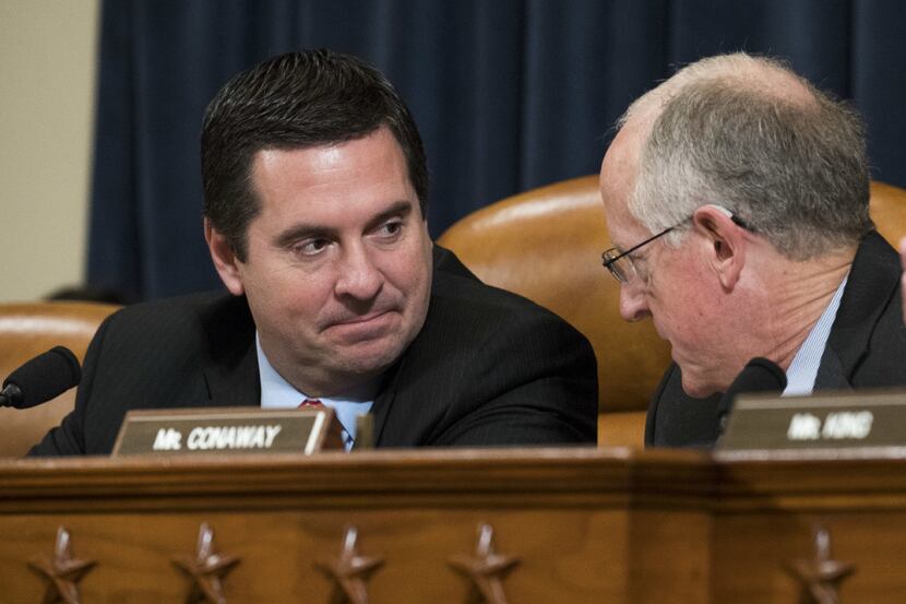 Chairman Rep. Devin Nunes (R-CA) speaks with Rep. Mike Conaway (R-TX) during a House...