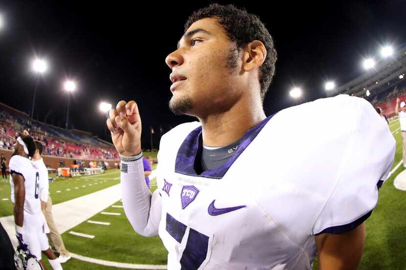 DALLAS, TX - SEPTEMBER 23:  Kenny Hill #7 of the TCU Horned Frogs celebrates after the TCU...