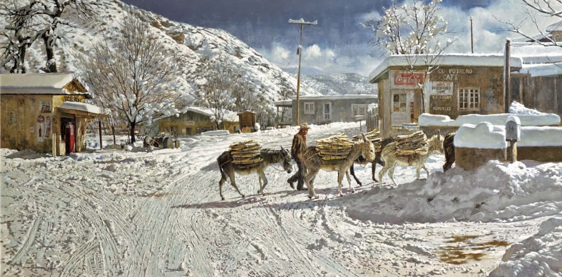 Clark Hulings, Woodbearers of Chimayo, oil on Canvas, 30 x 60", New Mexico, 1974