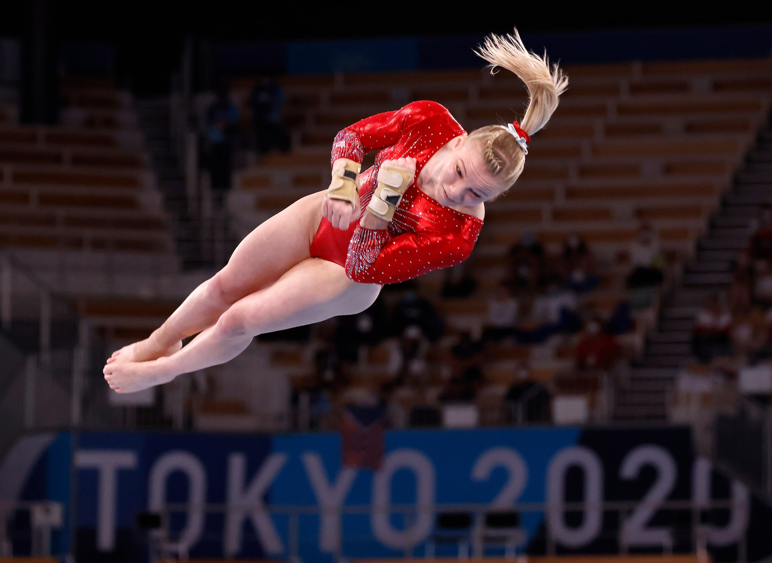 USA’s Jade Carey competes on the vault in a women’s gymnastics event during the postponed...