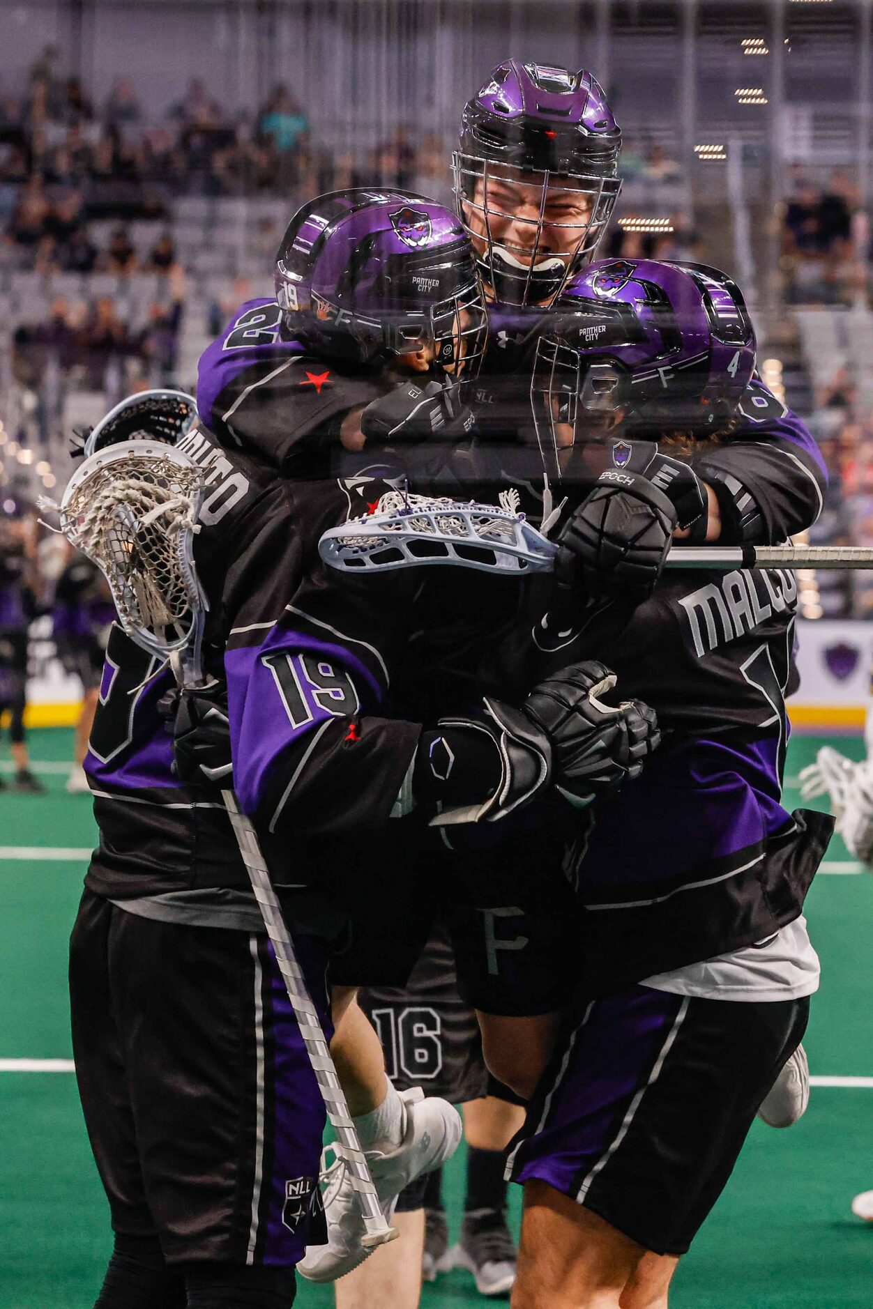 Panther City Nathan Grenon (28) Will Malcom (4) and Phil Caputo (19) celebrate a goal...