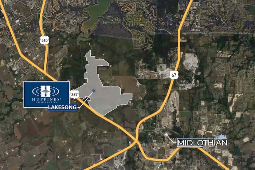 A map showing the location of Huffines Communities' planned Lakesong development in Grand...
