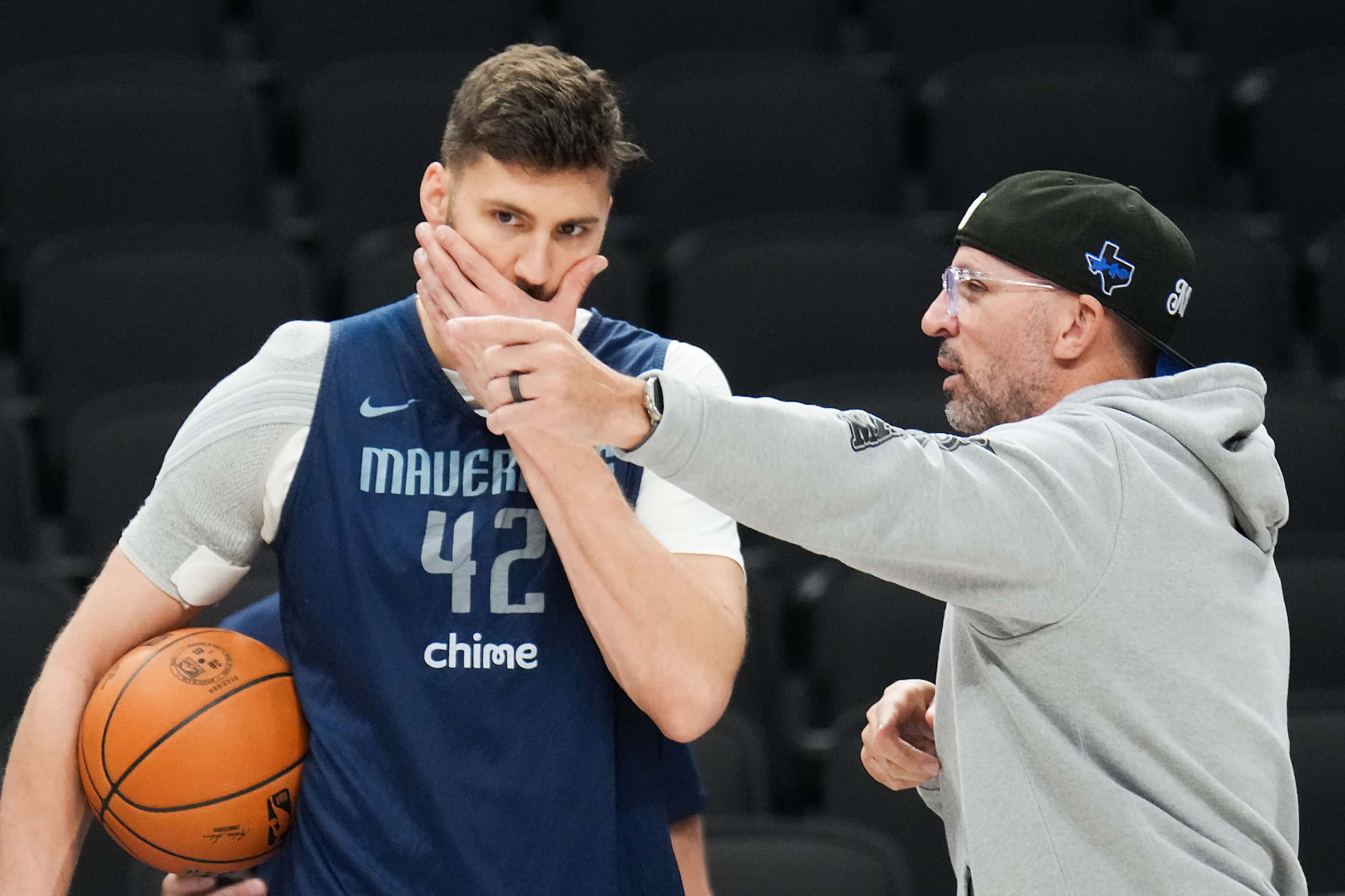 Dallas Mavericks forward Maxi Kleber (42) talks with head coach Jason Kidd during practice...