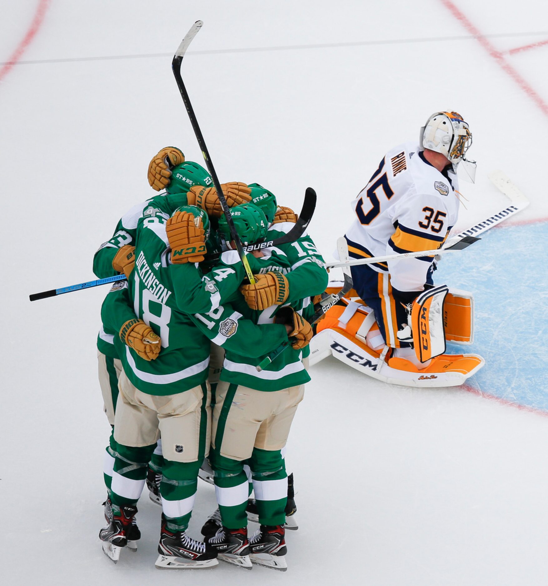 The Dallas Stars celebrate after Dallas Stars left wing Blake Comeau (15) scored a goal on...