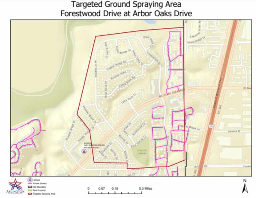 Arlington will spray for mosquitoes in the area around Forestwood Drive at Arbor Oaks Drive.