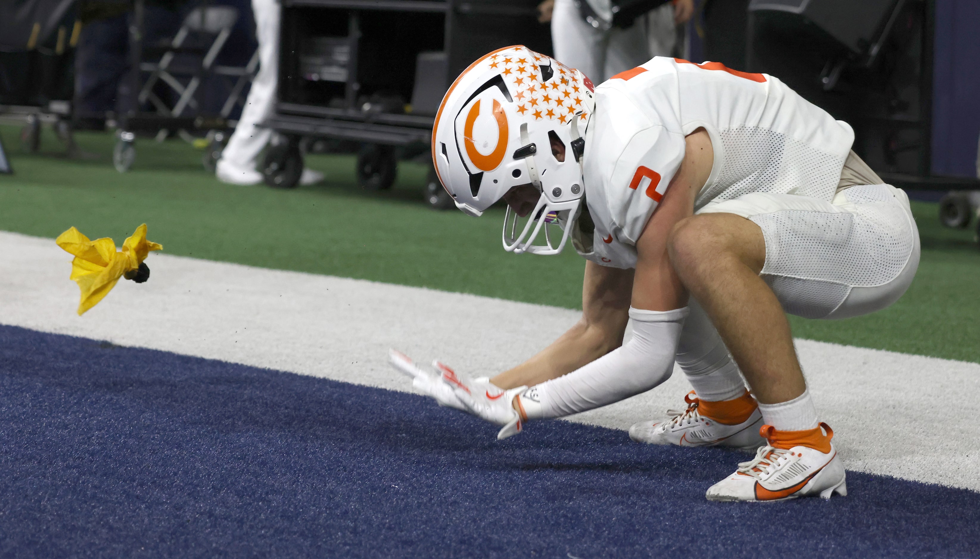 Celina receiver Colton Rodriguez (2) slams his hands on the turf after being unable to pull...