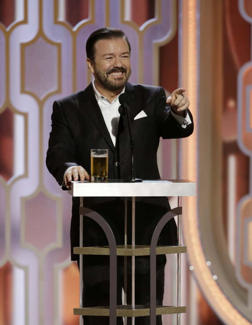 In this image released by NBC, host Ricky Gervais appears at the 73rd Annual Golden Globe...