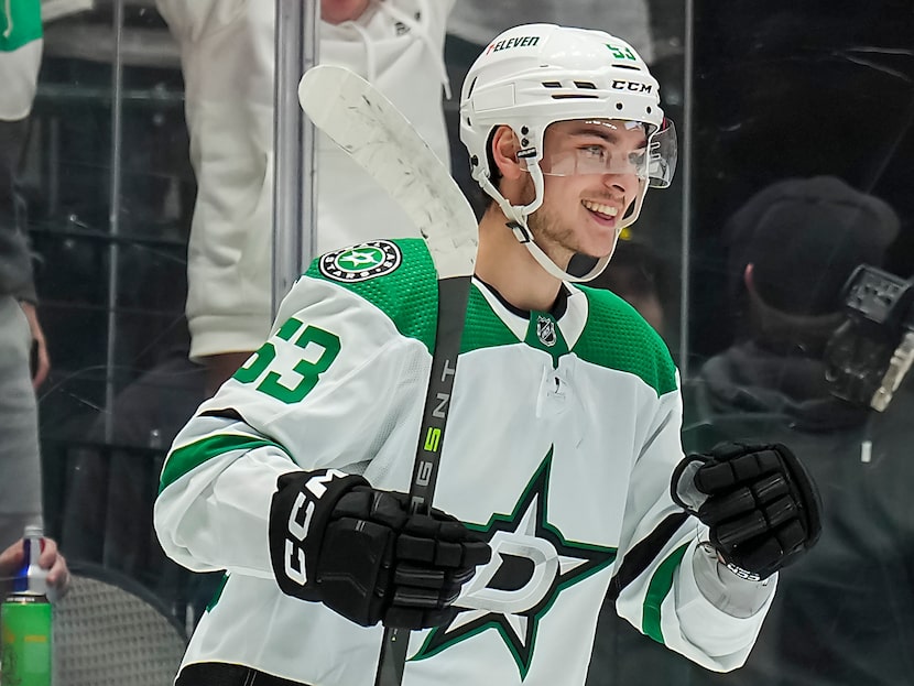 Dallas Stars center Wyatt Johnston (53) celebrates after scoring a goal during the first...