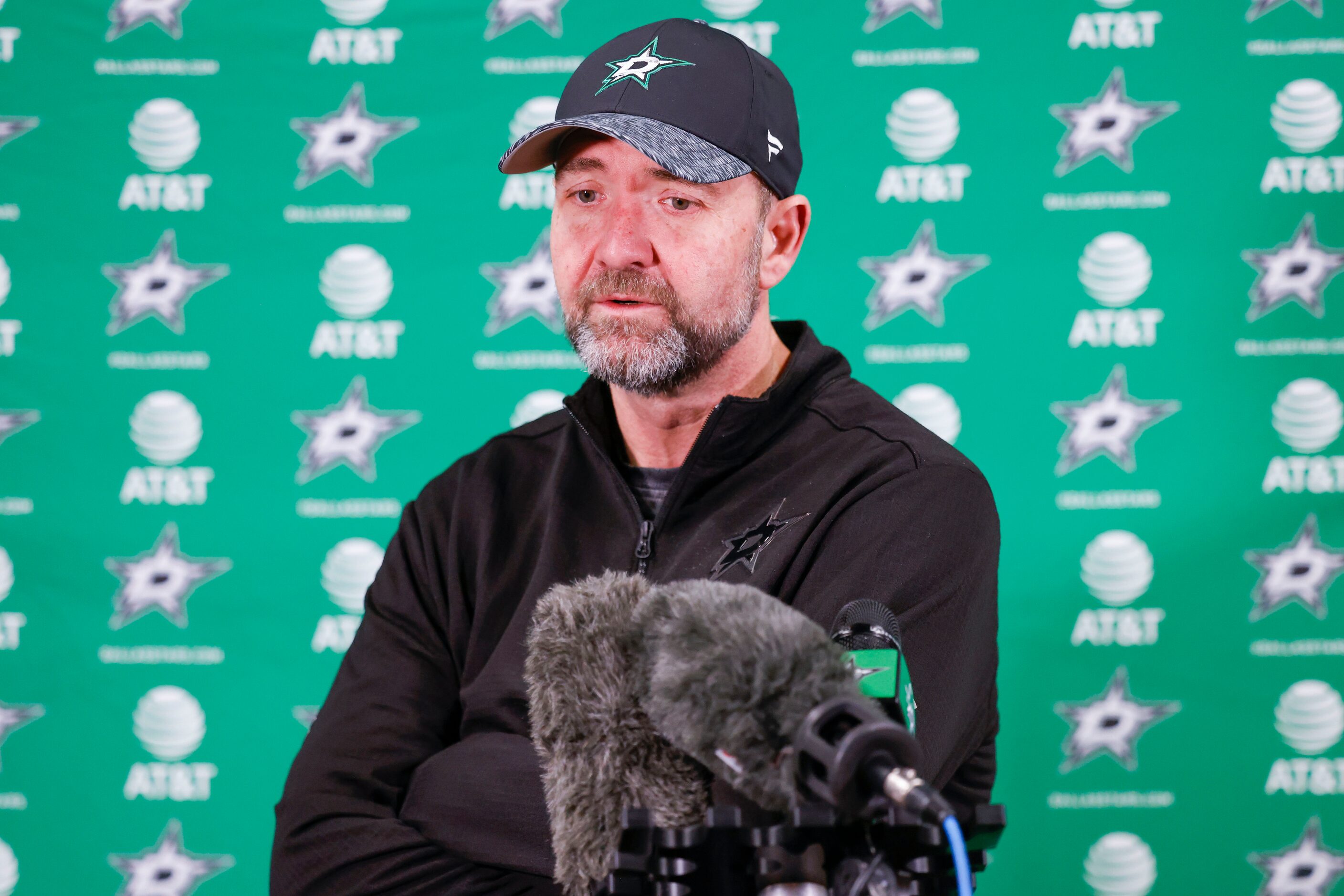 Dallas Stars head coach Peter DeBoer speaks during Dallas Stars season wrap news conference...