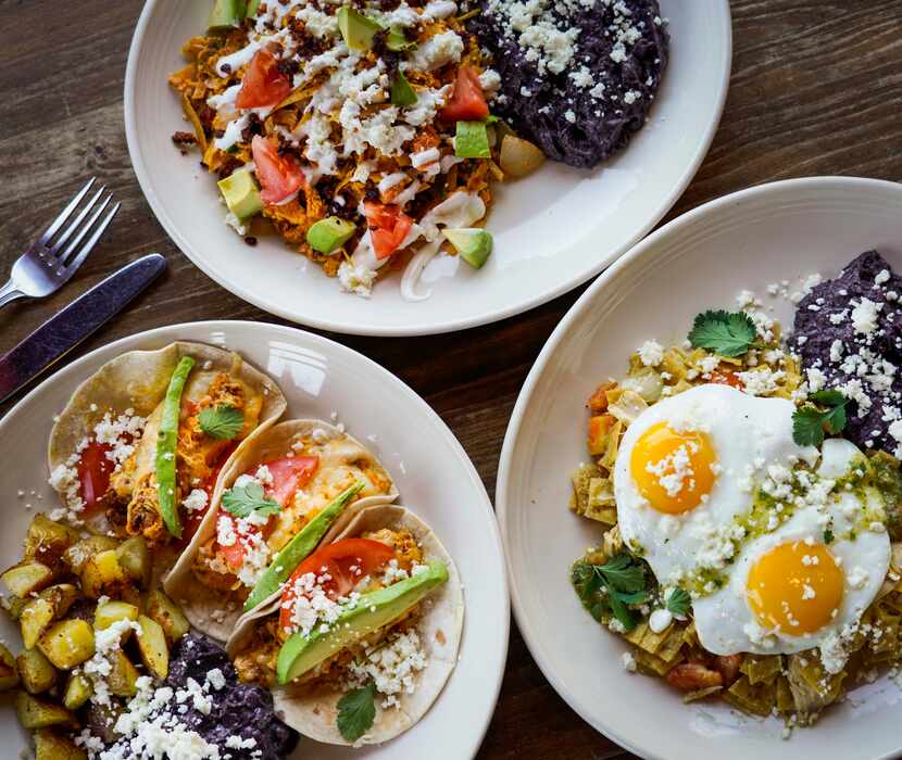 Chorizo migas (top), chilaquiles verdes (right) and chorizo eggs and cheese tacos are among...