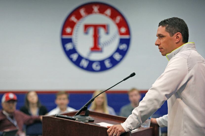 Texas Rangers general manager Jon Daniels holds his end-of-the-season press conference at...