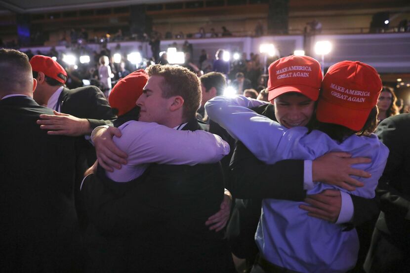 Supporters celebrate at Donald Trump's election night event at the New York Hilton Midtown...