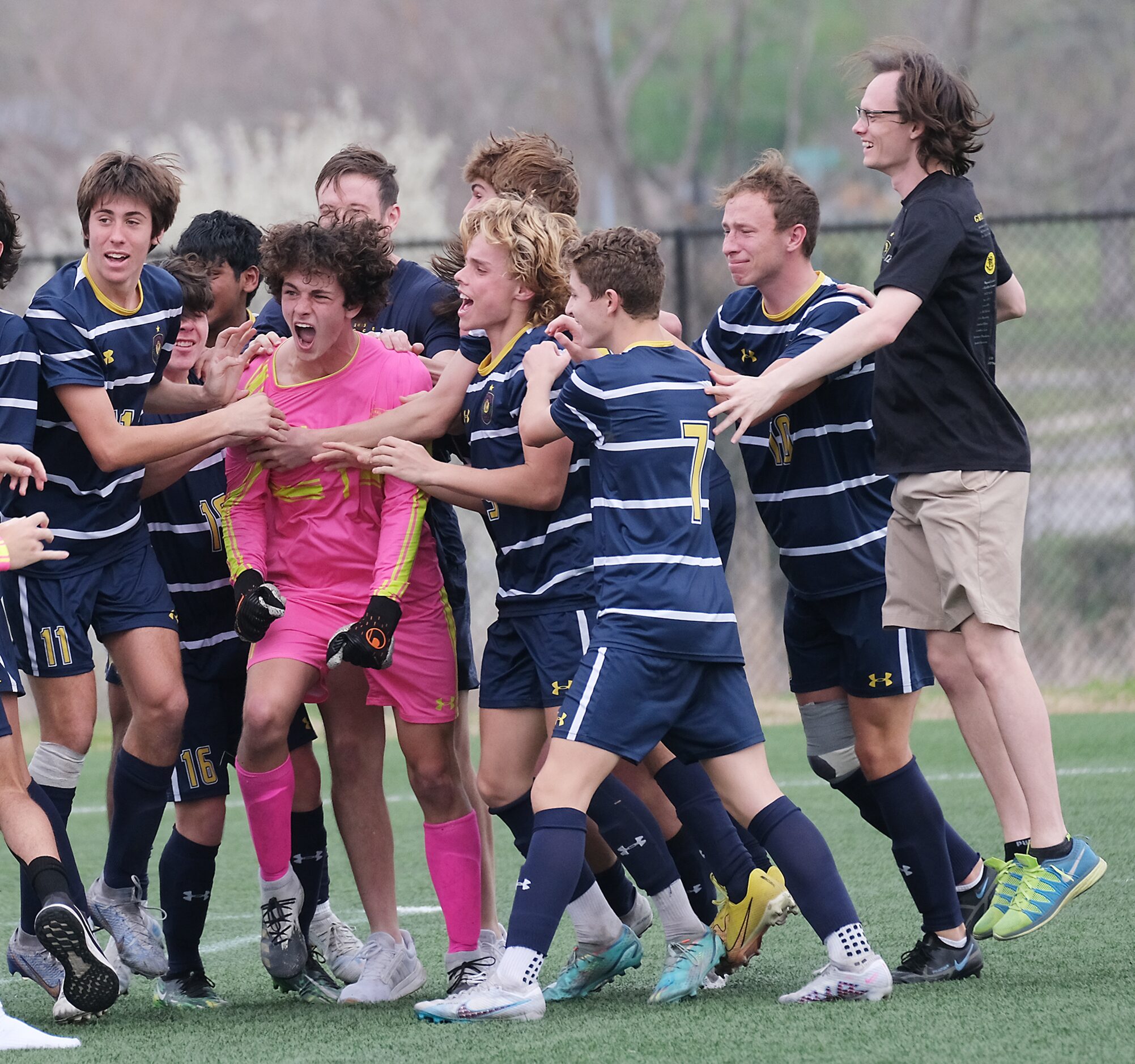 Prestonwood Christian celebrates after the shootout save to win against of Central Catholic...