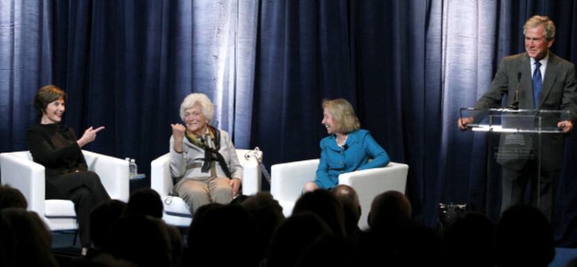Laura Bush and Barbara Bush pointed at each other when former President George W. Bush said...