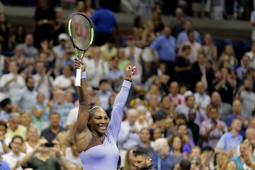 Serena Williams celebrates after defeating Anastasija Sevastova, of Latvia, during the...