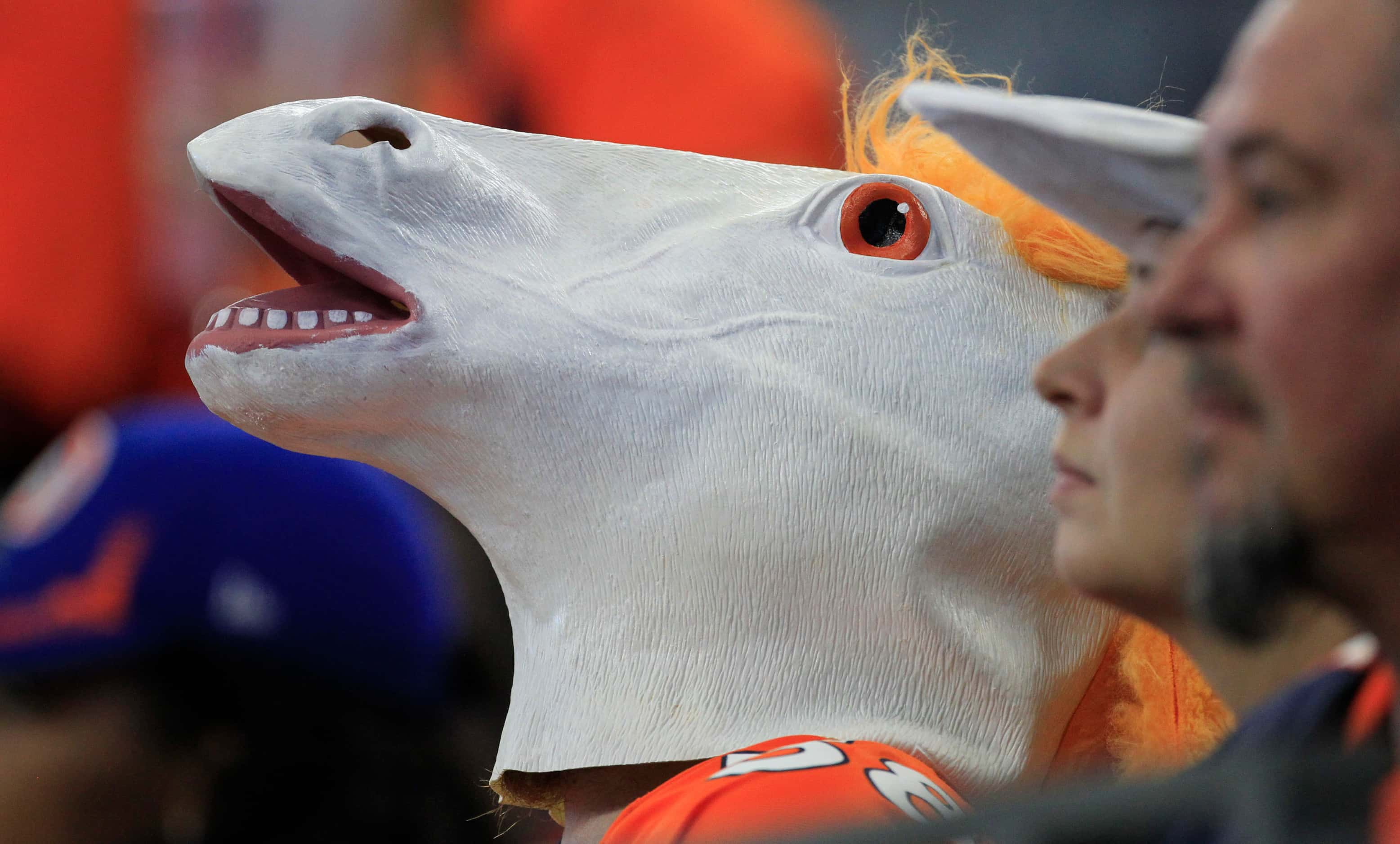 A Denver fan goes full Bronco in the stands during the second half of a NFL football game...