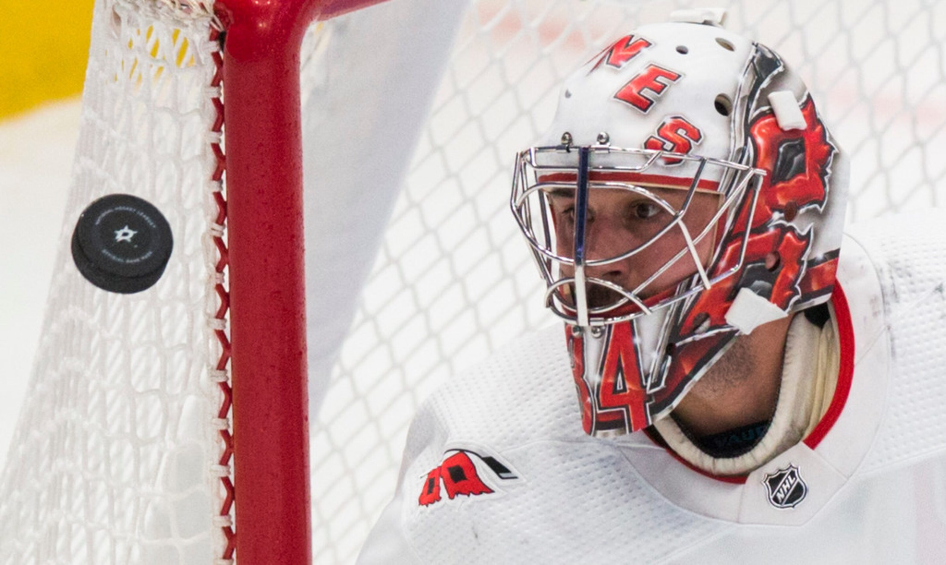 Carolina Hurricanes goaltender Petr Mrazek (34) keeps his eye on the puck during the first...