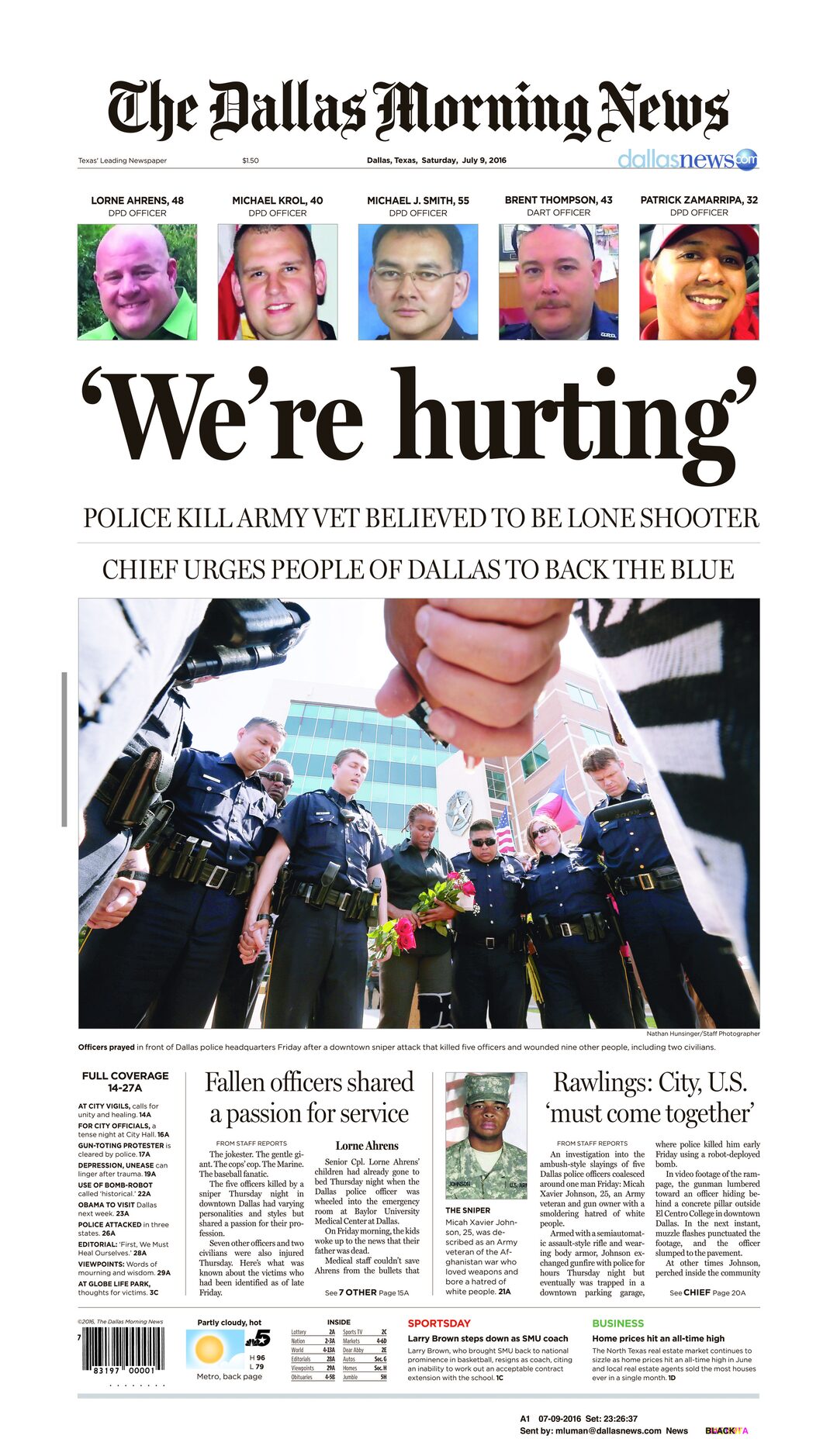 Front page of The Dallas Morning News on July 9, 2016. 