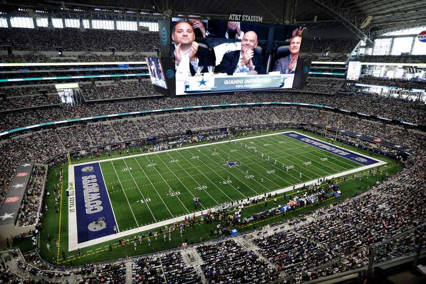 FIFA President Gianni Infantino is recognized on the video board during the Dallas Cowboys...