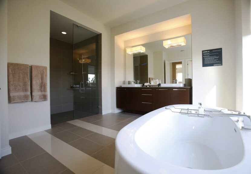 Master bathroom in the MainVue Homes Carmel Q1 model home at Phillips Creek Ranch in Frisco,...