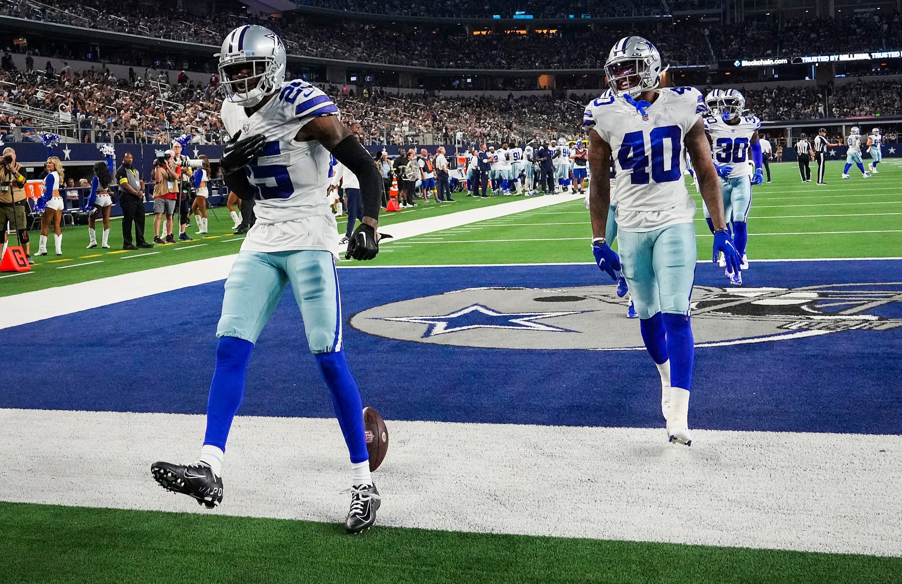 Dallas Cowboys cornerback Nahshon Wright (25) celebrates with safety Juanyeh Thomas (40)...