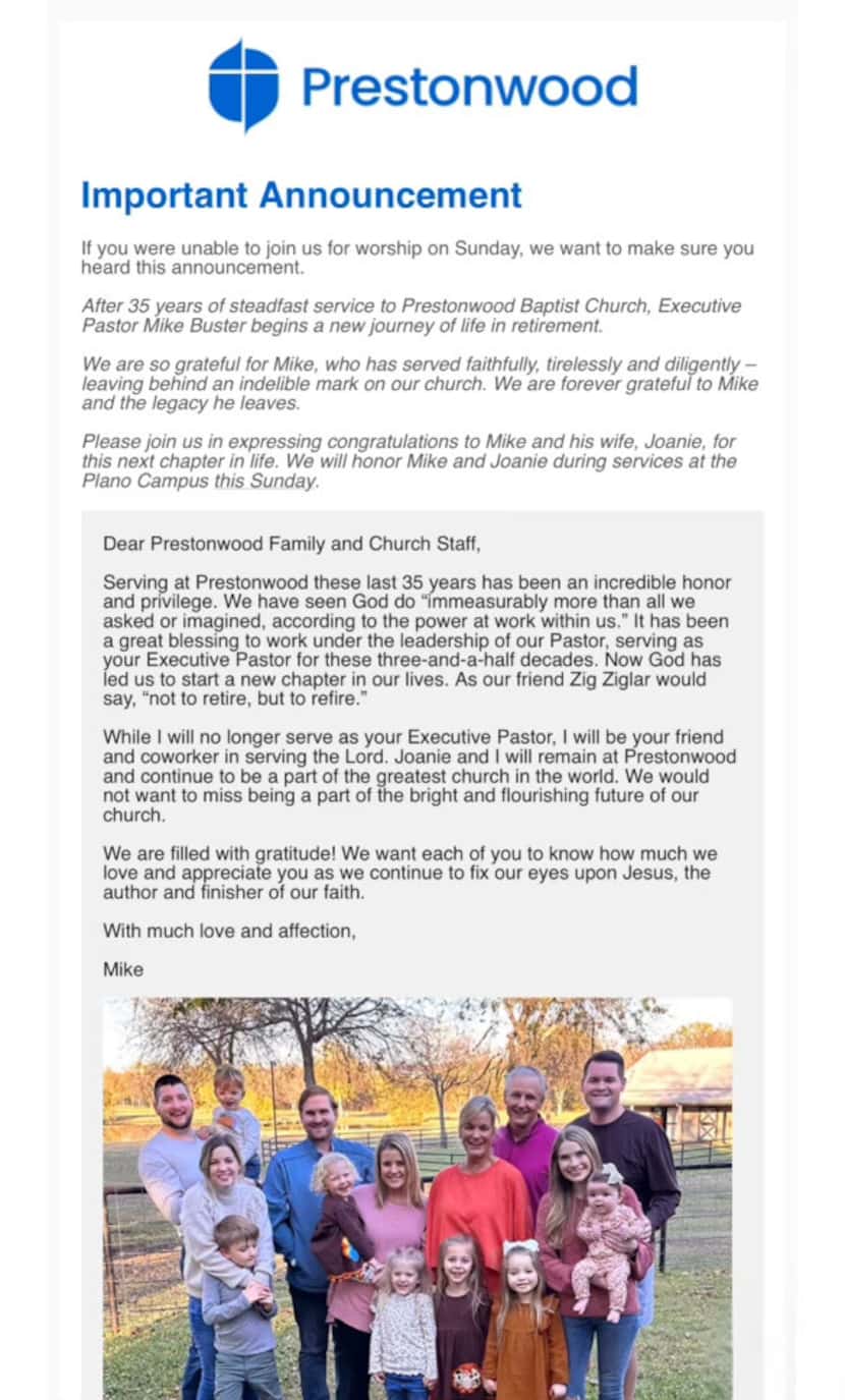 Email sent to church members about Prestonwood Baptist Church Mike Buster's resignation.
